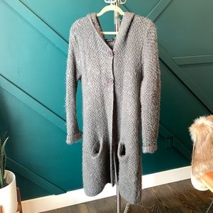 Long, hooded cardigan sweater